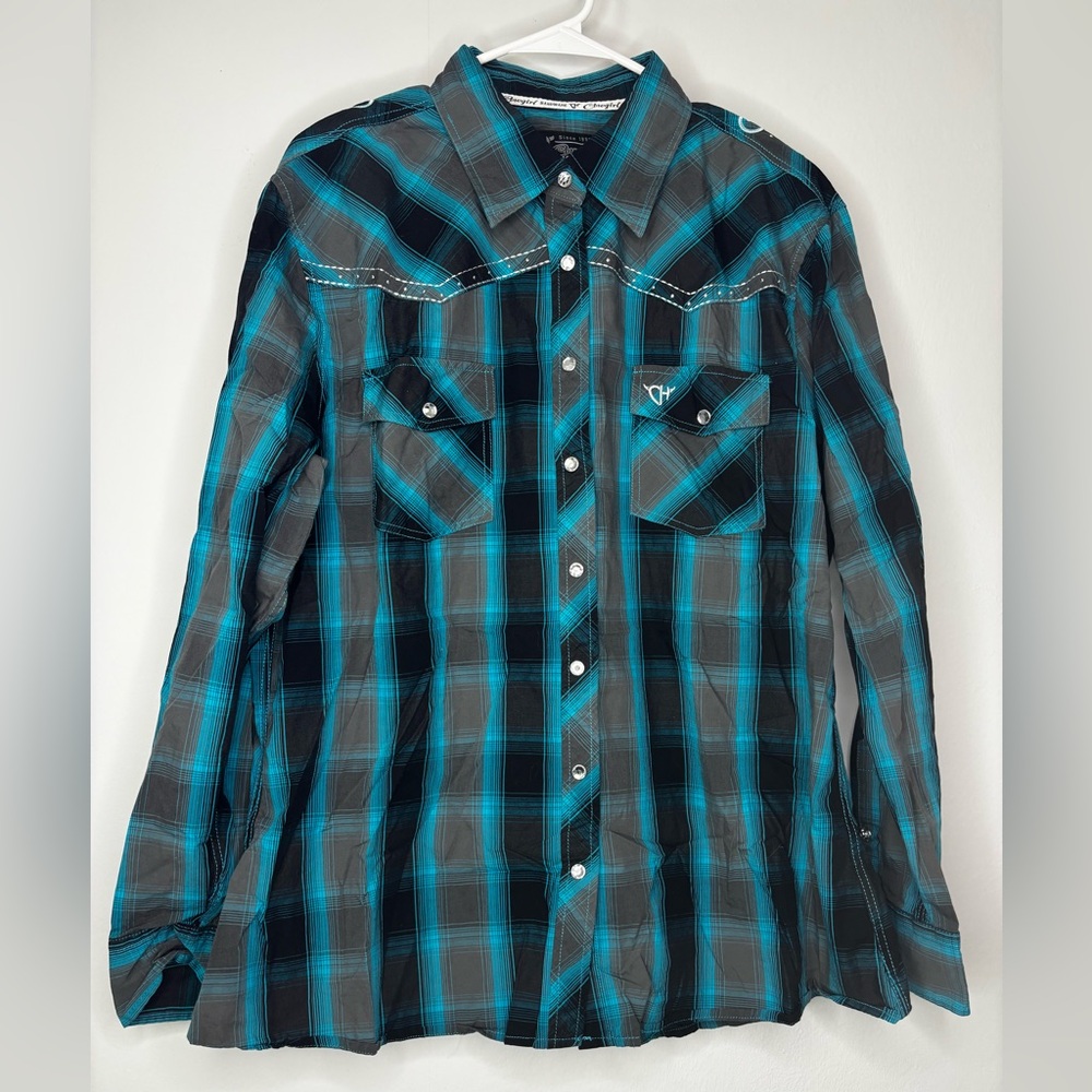 Men's Plaid Western Shirt - Teal & Black